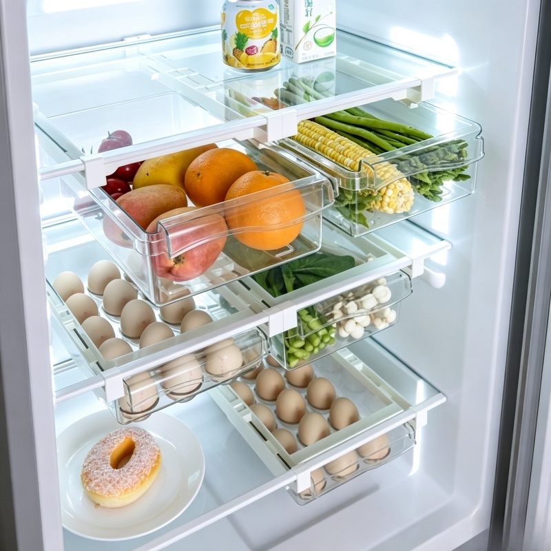 Food Storage With Dividers - กล่องเก็บของในตู้เย็นแบบลิ้นชักเลื่อนแขวน, กล่องจัดระเบียบตู้เย็นแบบดึงออกได้, ภาชนะเก็บอาหารในครัวที่ประหยัดพื้นที่