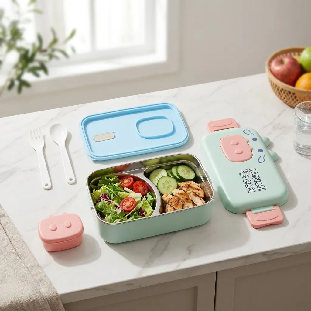 Food Storage With Dividers - กล่องเบนโตะสแตนเลส 304 กล่องอาหารกลางวันสำหรับเด็กน่ารัก กล่องเก็บอาหารแบบแบ่งช่อง ปิดสนิท ใช้กับไมโครเวฟได้