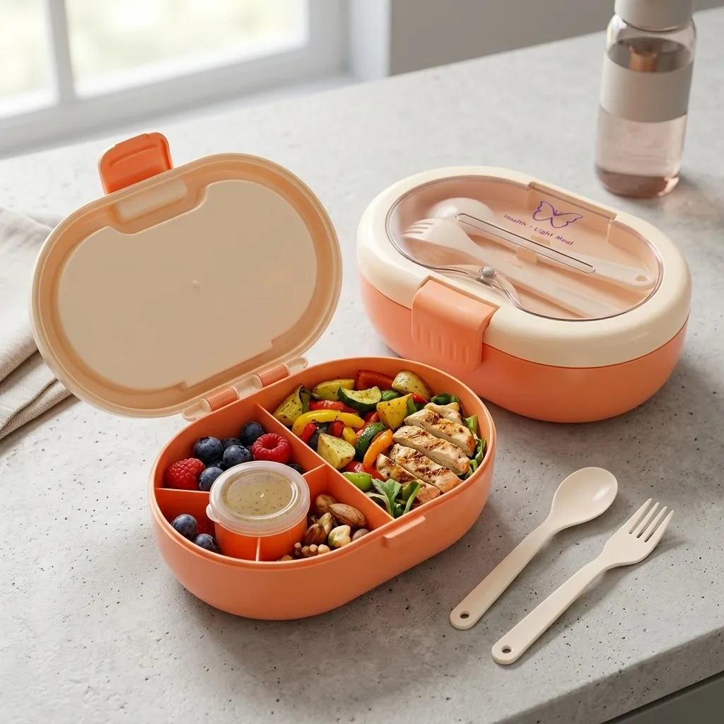 Food Storage With Dividers - กล่องอาหารกลางวันแบบเบนโตทำจากพลาสติก พร้อมชุดช้อนส้อม ป้องกันการรั่วซึม แบ่งช่องเก็บอาหาร เหมาะสำหรับเด็ก ผู้ใหญ่